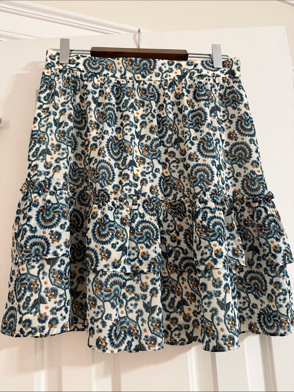 J. Crew Teal and Cream Floral Tiered Skirt